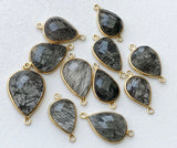 17-18mm Black Rutiliated Quartz Connectors, 5 pcs Rutile Faceted Pear Shape 925 Silver Gold Polished Bezel Connectors Charm - KS3284