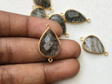17-18mm Black Rutiliated Quartz Connectors, 5 pcs Rutile Faceted Pear Shape 925 Silver Gold Polished Bezel Connectors Charm - KS3284