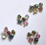 Natural Multi Tourmaline Faceted Heart 925 Silver Bezel Single Loop Connectors, 10-12mm 5 Pcs- PSG364