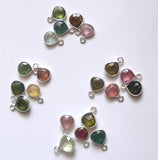 Natural Multi Tourmaline Faceted Heart 925 Silver Bezel Single Loop Connectors, 10-12mm 5 Pcs- PSG364