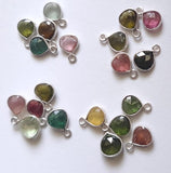 Natural Multi Tourmaline Faceted Heart 925 Silver Bezel Single Loop Connectors, 10-12mm 5 Pcs- PSG364