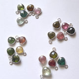 Natural Multi Tourmaline Faceted Heart 925 Silver Bezel Single Loop Connectors, 10-12mm 5 Pcs- PSG364