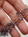 Iolite Rough 3.5-7mm & Drop 5x8mm Wire Wrapped Beaded Rosary Chain 925 Silver Rosary Chain, Colorful Necklace - PSG374