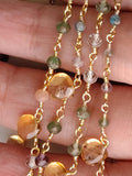 Multi Gemstone Faceted Rondelle 3-3.5mm & Citrine Heart 6mm Wire Wrapped Beaded Rosary Chain 925 Silver for Necklace - PSG375
