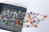Multi Gemstone Faceted Rondelle 3-3.5mm & Drop 4x6mm Wire Wrapped Beaded 925 Silver Rosary Chain, Colorful Necklace - PSG368