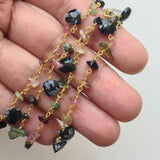 Snow Flake Obsidian Faceted Heart 7mm & Multi tourmaline Rough 4-6mm Wire Wrapped Beaded Rosary Chain 925 Silver - PSG378