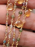 Multi Gemstone Faceted Rondelle 3-3.5mm & Citrine Heart 6mm Wire Wrapped Beaded Rosary Chain 925 Silver for Necklace - PSG375