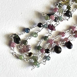 Multi Tourmaline Faceted Drop 3-5mm & Multi Tourmaline Rondelle 3mm Wire Wrapped Beaded Rosary Chain 925 Silver Necklace Rosary - PSG383