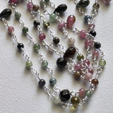 Multi Tourmaline Faceted Drop 3-5mm & Multi Tourmaline Rondelle 3mm Wire Wrapped Beaded Rosary Chain 925 Silver Necklace Rosary - PSG383