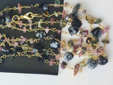 Snow Flake Obsidian Faceted Heart 7mm & Multi tourmaline Rough 4-6mm Wire Wrapped Beaded Rosary Chain 925 Silver - PSG378