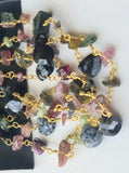 Snow Flake Obsidian Faceted Heart 7mm & Multi tourmaline Rough 4-6mm Wire Wrapped Beaded Rosary Chain 925 Silver - PSG378
