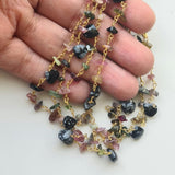 Snow Flake Obsidian Faceted Heart 7mm & Multi tourmaline Rough 4-6mm Wire Wrapped Beaded Rosary Chain 925 Silver - PSG378