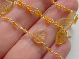 Citrine Faceted Rondelle 2mm & Leaf Carving 8-11mm Wire Wrapped Beaded Rosary Chain 925 Silver Gold Polish Citrine Rosary Chain Necklace - PSG381