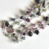 Multi Tourmaline Faceted Drop 3-5mm & Multi Tourmaline Rondelle 3mm Wire Wrapped Beaded Rosary Chain 925 Silver Necklace Rosary - PSG383