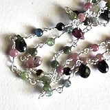 Multi Tourmaline Faceted Drop 3-5mm & Multi Tourmaline Rondelle 3mm Wire Wrapped Beaded Rosary Chain 925 Silver Necklace Rosary - PSG383