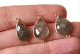 20mm Black Rutiliated Quartz Connectors, 3 pcs Rutile Faceted Pear Shape 925 Silver Gold Polished Bezel Connectors Charm - PSG398