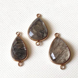 20mm Black Rutiliated Quartz Connectors, 3 pcs Rutile Faceted Pear Shape 925 Silver Gold Polished Bezel Connectors Charm - PSG398