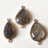 20mm Black Rutiliated Quartz Connectors, 3 pcs Rutile Faceted Pear Shape 925 Silver Gold Polished Bezel Connectors Charm - PSG398