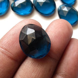 13-16mm Hydro Quartz Rose Cut Flat Cabochons, Lab Created London Blue Topaz