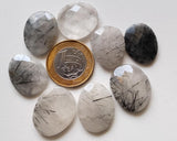 22-27mm Black Rutilated Quartz Faceted Cabochon, Rutile Rose Cut Flat Back 5 Pcs