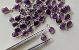 Amethyst Pear Charm Connector Faceted 925 Silver Bezel 10-11.5mm (5 Pcs-10 Pcs)