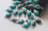 Tibetan Turquoise Pear Charm Connector Plain Pear Flat 925 Silver 16-17mm, 5 Pcs