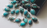 Tibetan Turquoise Pear Charm Connector Plain Pear Flat 925 Silver 16-17mm, 5 Pcs