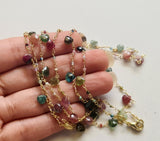 Tourmaline Faceted Rondelle 2mm & Heart 5mm Wire Wrapped Beaded Rosary Chain