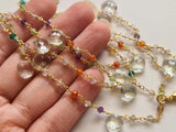 Green Amethyst Faceted Heart 8mm & Multi Gemstone 3mm Wire Wrapped Rosary Chain