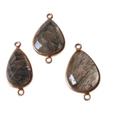 20mm Black Rutiliated Quartz Connectors, 3 pcs Rutile Faceted Pear Shape 925 Silver Gold Polished Bezel Connectors Charm - PSG398