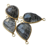 18mm Black Rutiliated Quartz Connectors, 3 pcs Rutile Faceted Pear Shape 925 Silver Gold Polished Bezel Connectors Charm - PSG397