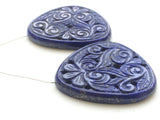 34mm Lapis Lazuli Drilled Filigree Hand Carved Matched Pair, Lapis Lazuli