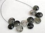 9-11 mm Black Rutilated Quartz Faceted Heart Beads, Rutile Briolettes, 12 Pieces