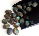 12x16mm Labradorite Rose Cut Oval Cabochons, Flat Back Cabochons, Faceted