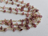 3-5 mm Pink Tourmaline Wire Wrapped Bead Chips, Rosary Beaded Chain By The Foot