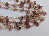 3-5 mm Pink Tourmaline Wire Wrapped Bead Chips, Rosary Beaded Chain By The Foot