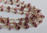 3-5 mm Pink Tourmaline Wire Wrapped Bead Chips, Rosary Beaded Chain By The Foot