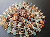 4-5 mm Multi Gemstone Chip Beads 925 Silver Gold Wire Wrapped Rosary Style Chain