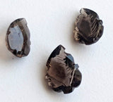 3 Pc Set Smoky Brown Quartz Fancy Leaf Hand Carved Cut Stones, Filigree Finding