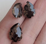 3 Pc Set Smoky Brown Quartz Fancy Leaf Hand Carved Cut Stones, Filigree Finding