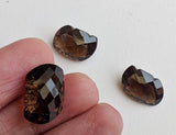 3 Pc Set Smoky Quartz Fancy Emerald Cut Hand Carved Cut Stones, Filigree Finding