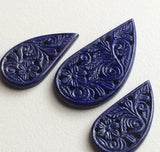 3 Pc Lapis Lazuli Filigree Drilled Hand Carved, Original Lapis Lazuli, Filigree