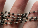 3-3.5mm Black Raw Diamonds Rosary Chain, Wire Wrapped Beaded Chain, 925 Silver