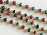 4.5mm Emerald & Ruby Faceted Rondelle Beads in 925 Silver Wire Wrapped Rosary